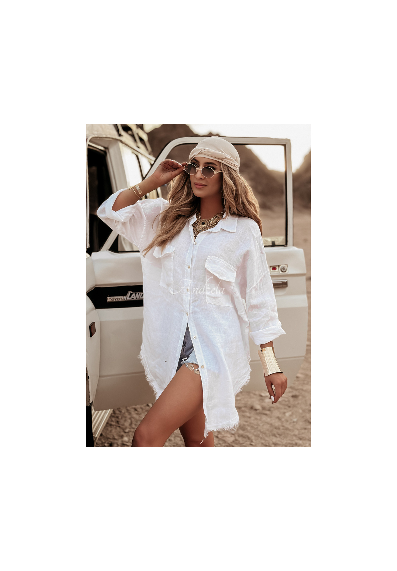 Dlouhá lněná košile s kapsami Take A Trip ecru