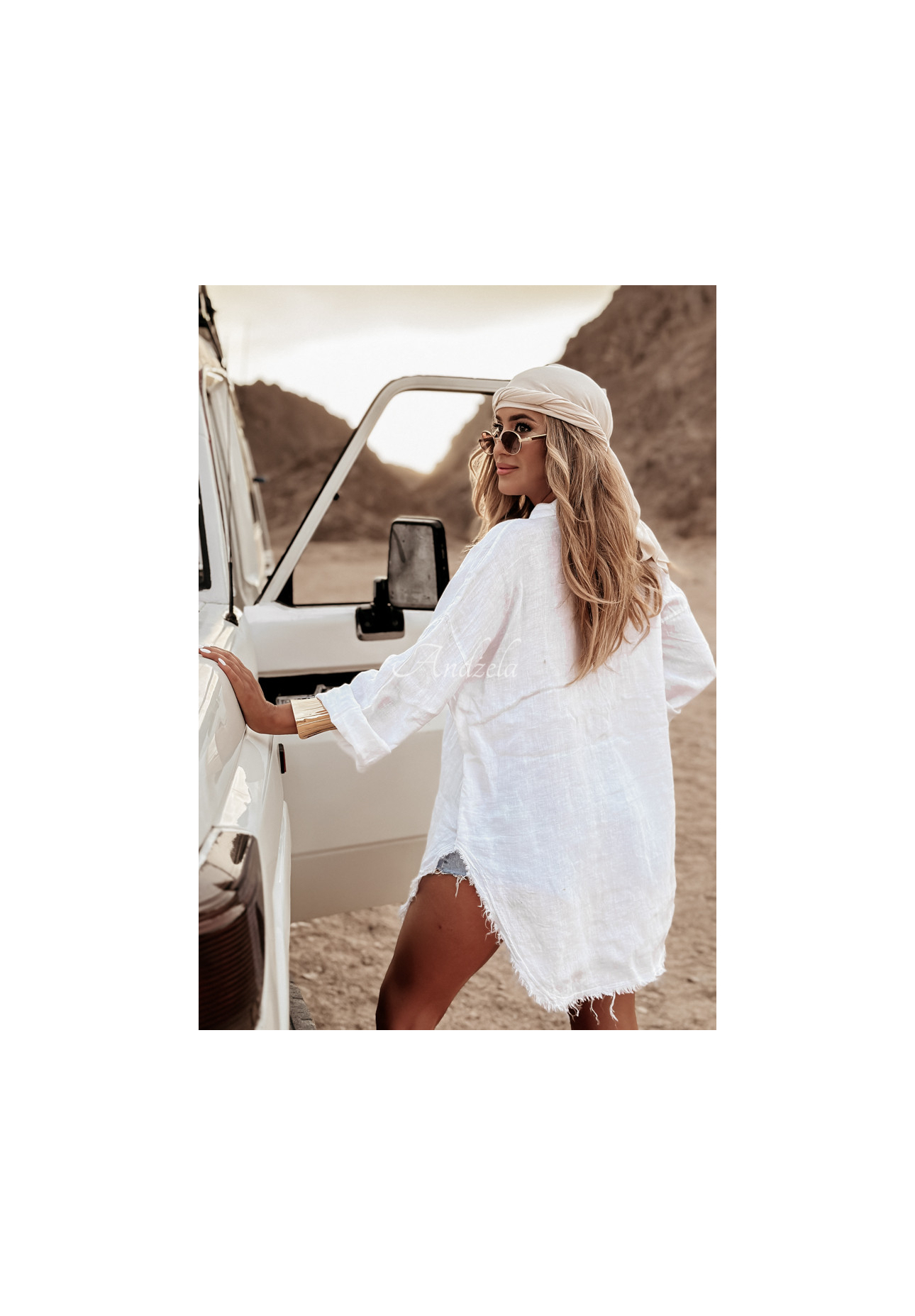 Dlouhá lněná košile s kapsami Take A Trip ecru