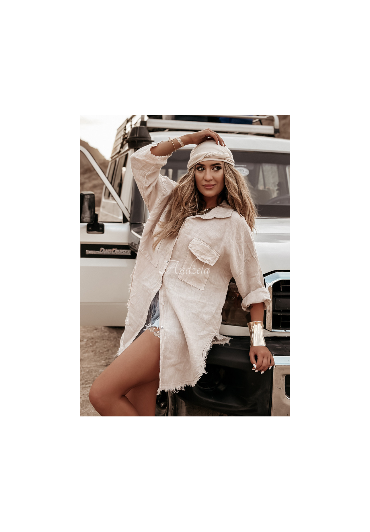 Dlouhá lněná košile s kapsami Take A Trip béžová