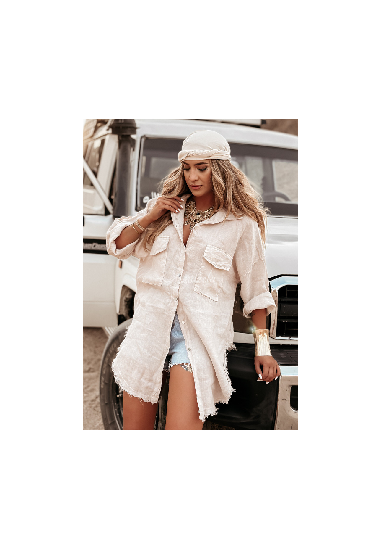 Dlouhá lněná košile s kapsami Take A Trip béžová