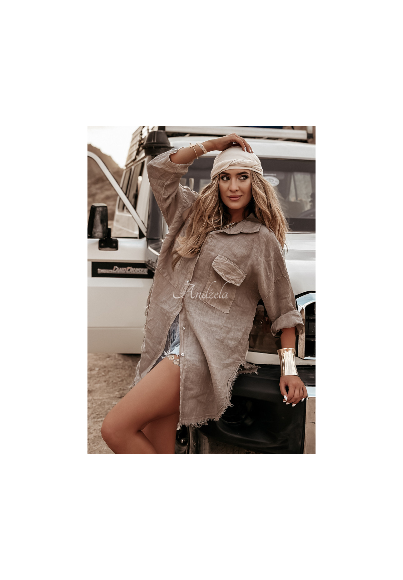 Dlouhá lněná košile s kapsami Take A Trip Mokka