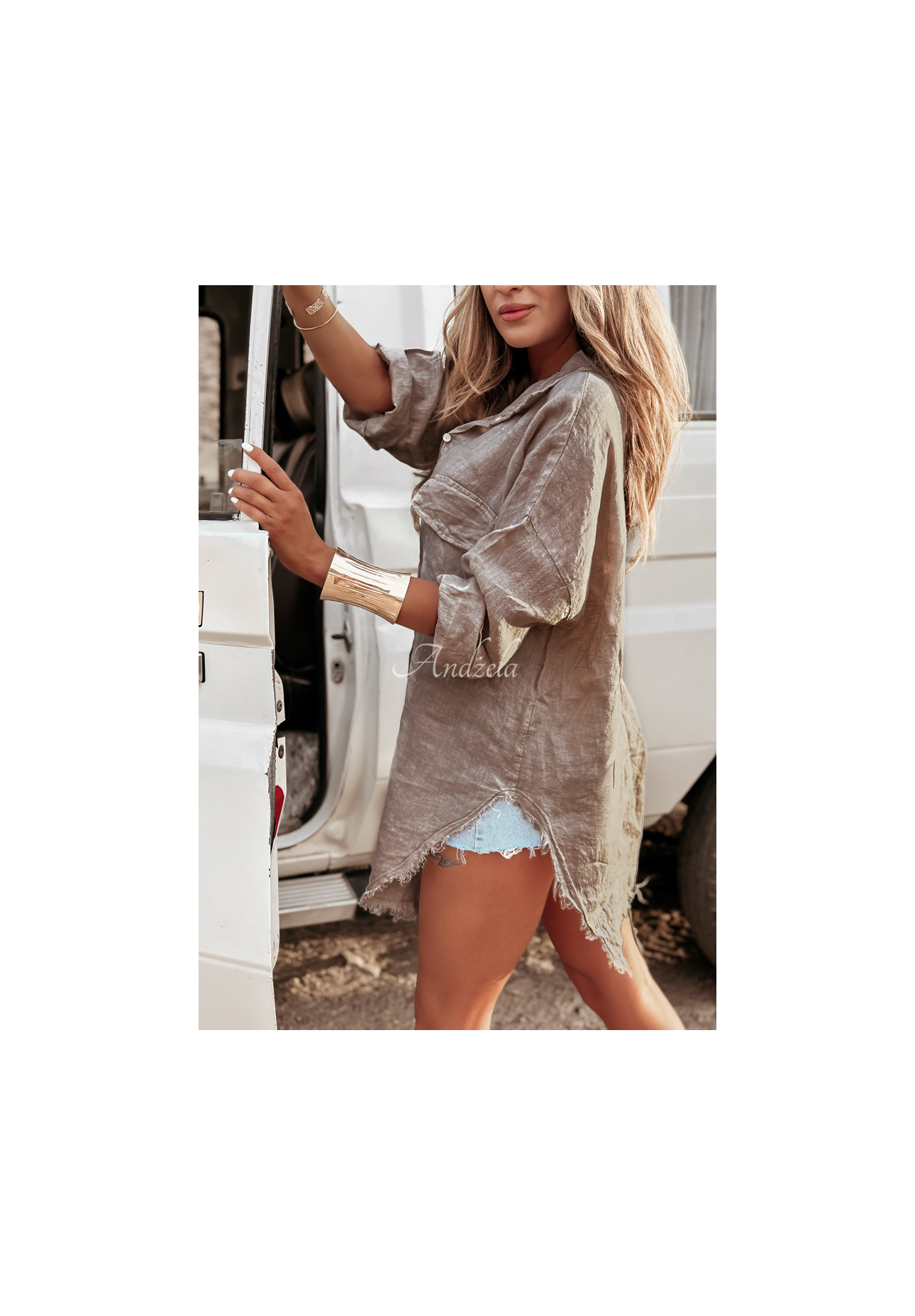 Dlouhá lněná košile s kapsami Take A Trip Mokka