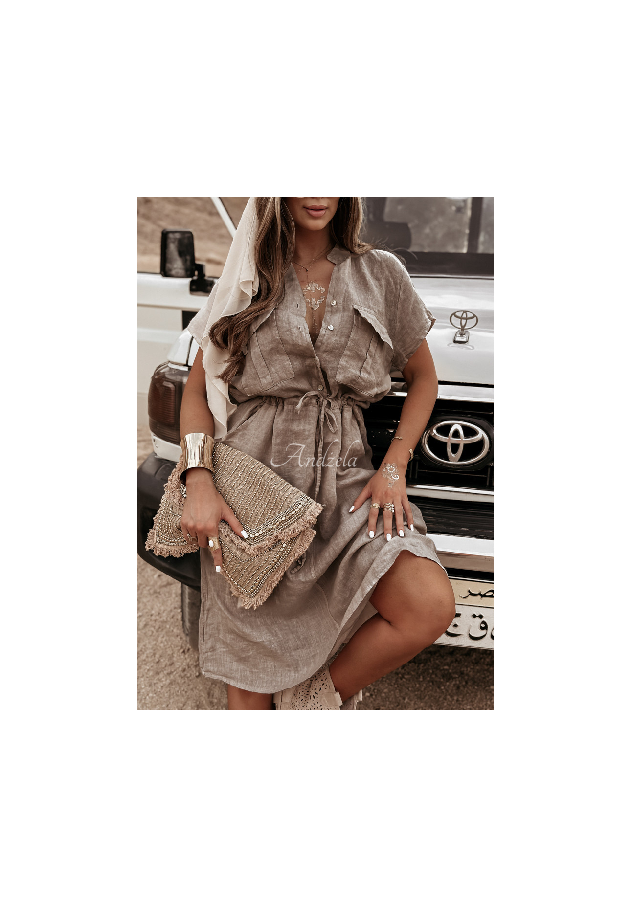 Lněné šaty s kapsami Take A Trip Mokka