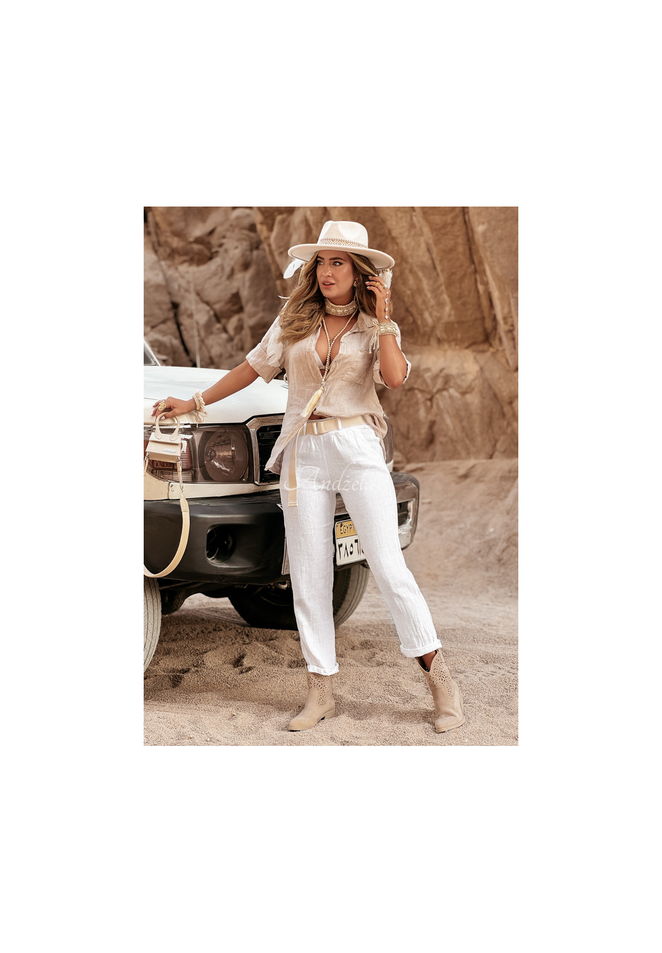 Lněné kalhoty Take A Trip ecru