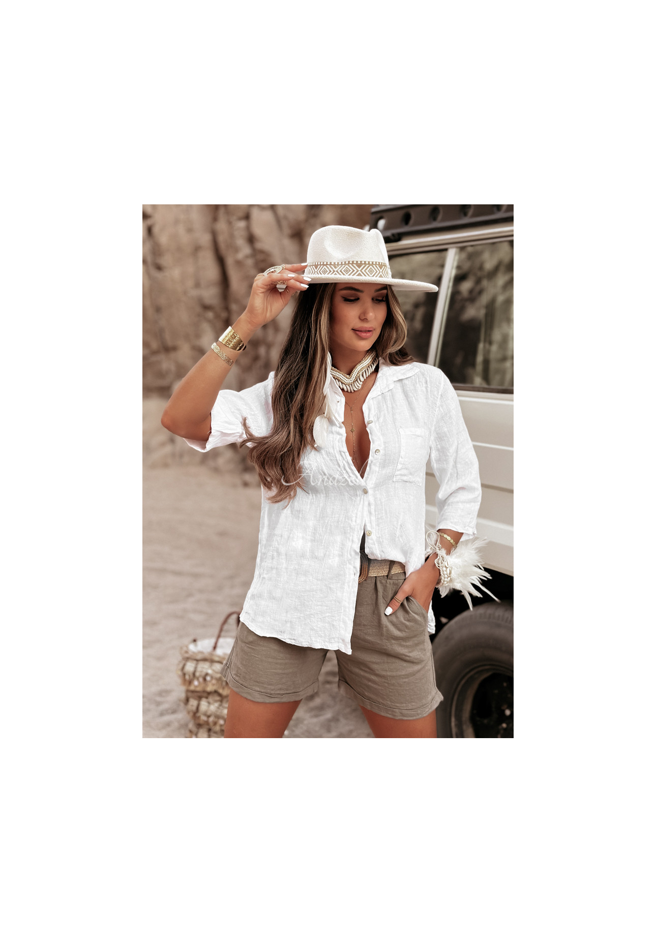 Lněná košile s kapsami Take A Trip ecru