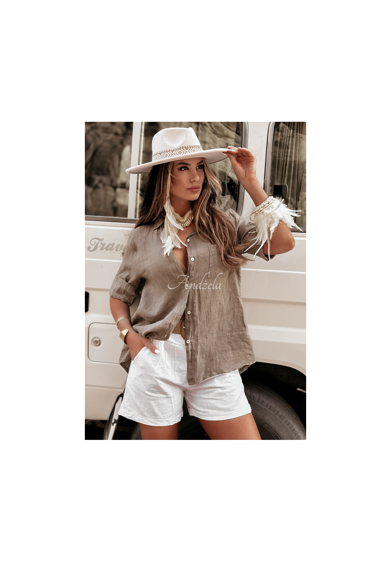 Lněná košile s kapsami Take A Trip Mokka