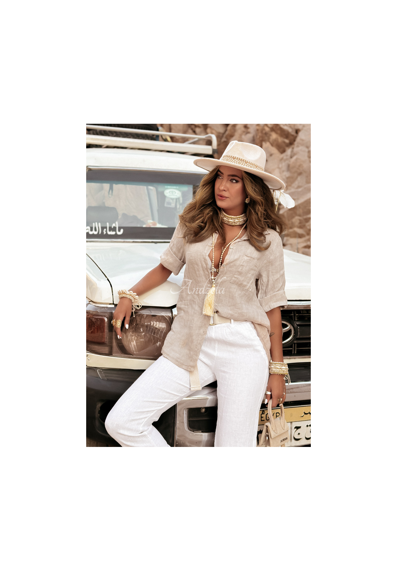 Lněná košile s kapsami Take A Trip béžová