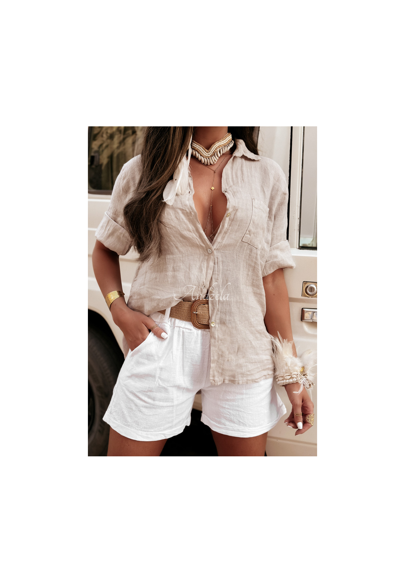 Lněná košile s kapsami Take A Trip béžová