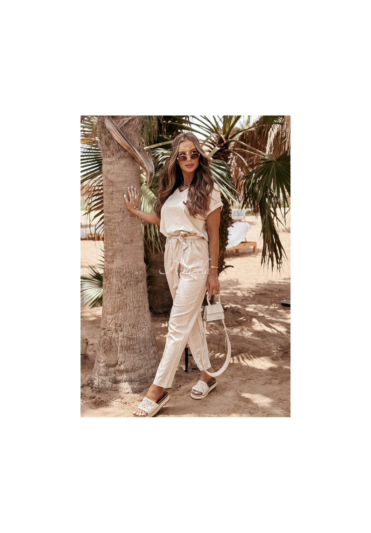 Lněnéá souprava tričko a kalhoty Summer In Us béžový