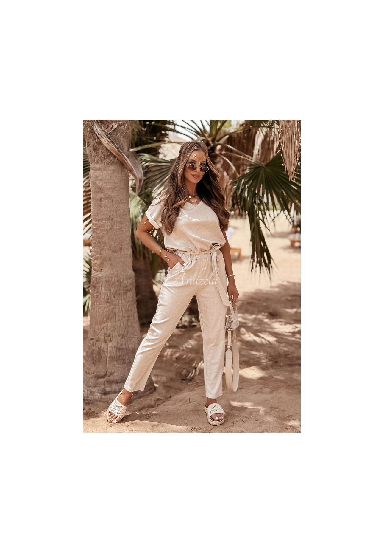 Lněnéá souprava tričko a kalhoty Summer In Us béžový