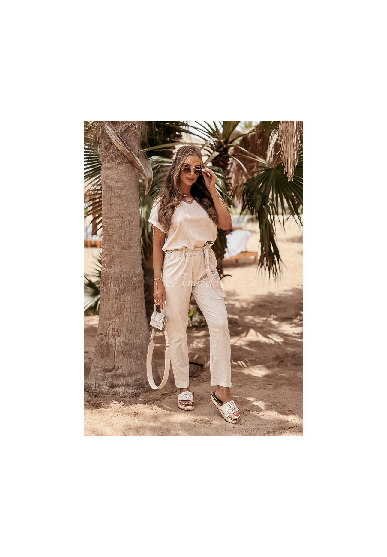 Lněnéá souprava tričko a kalhoty Summer In Us béžový