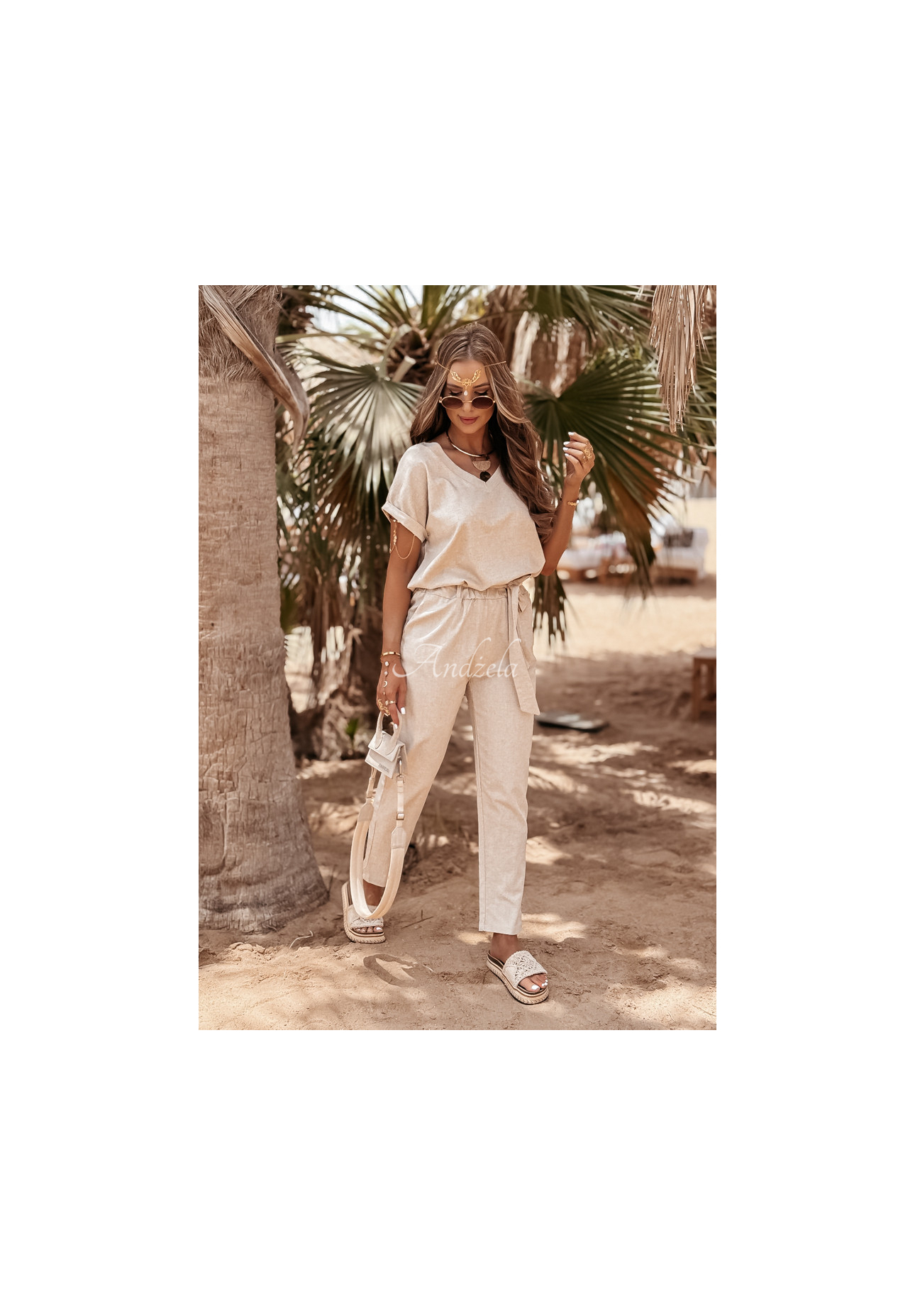 Lněnéá souprava tričko a kalhoty Summer In Us béžový