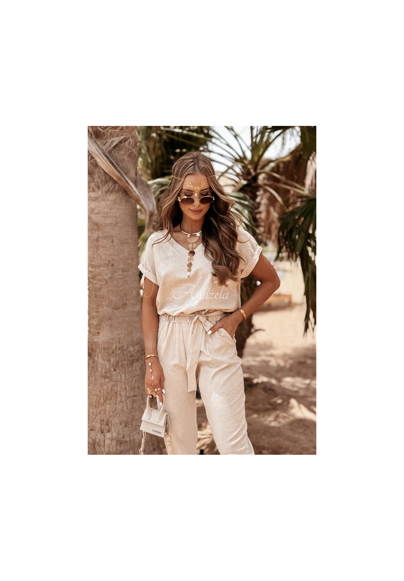 Lněnéá souprava tričko a kalhoty Summer In Us béžový