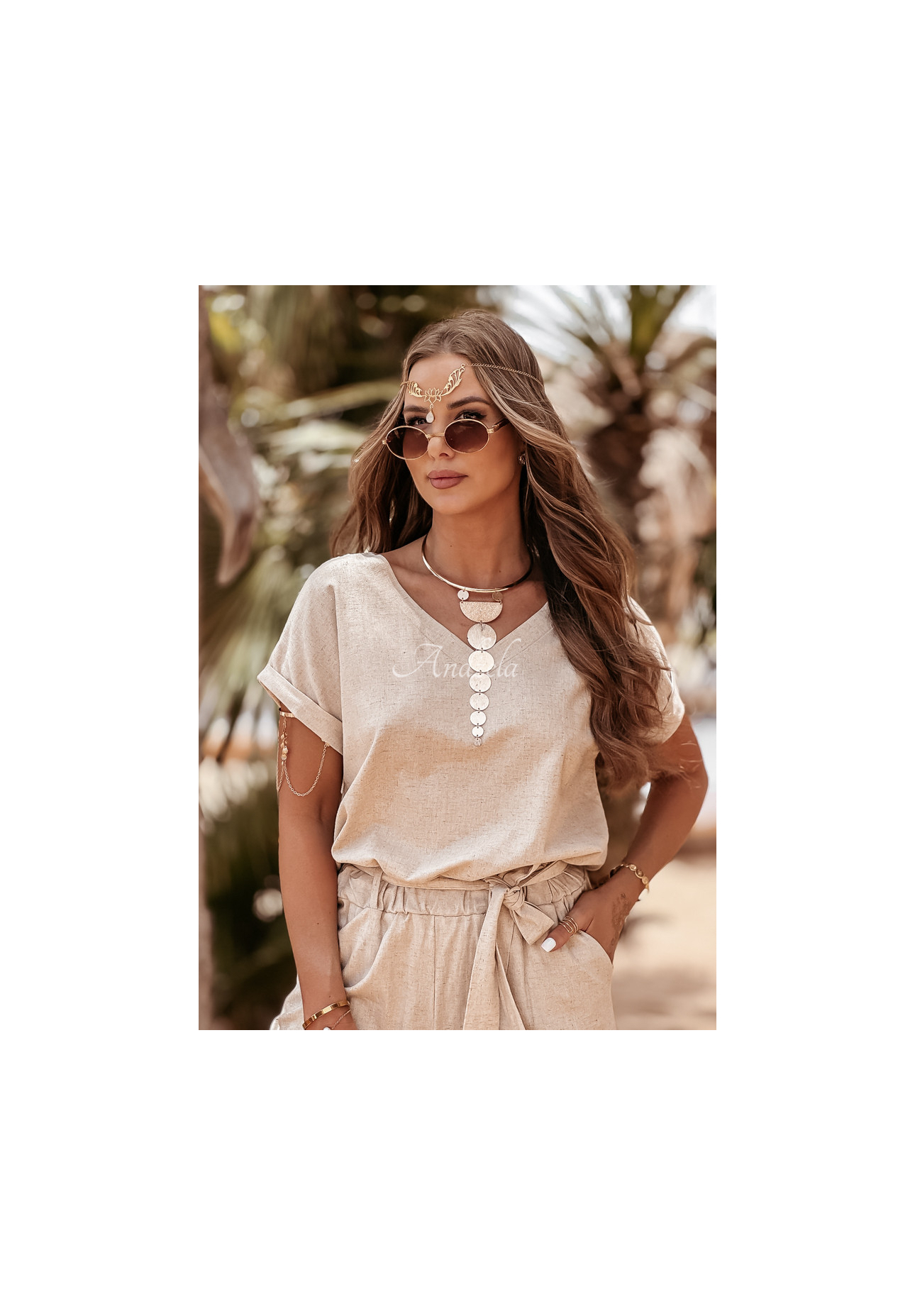 Lněnéá souprava tričko a kalhoty Summer In Us béžový