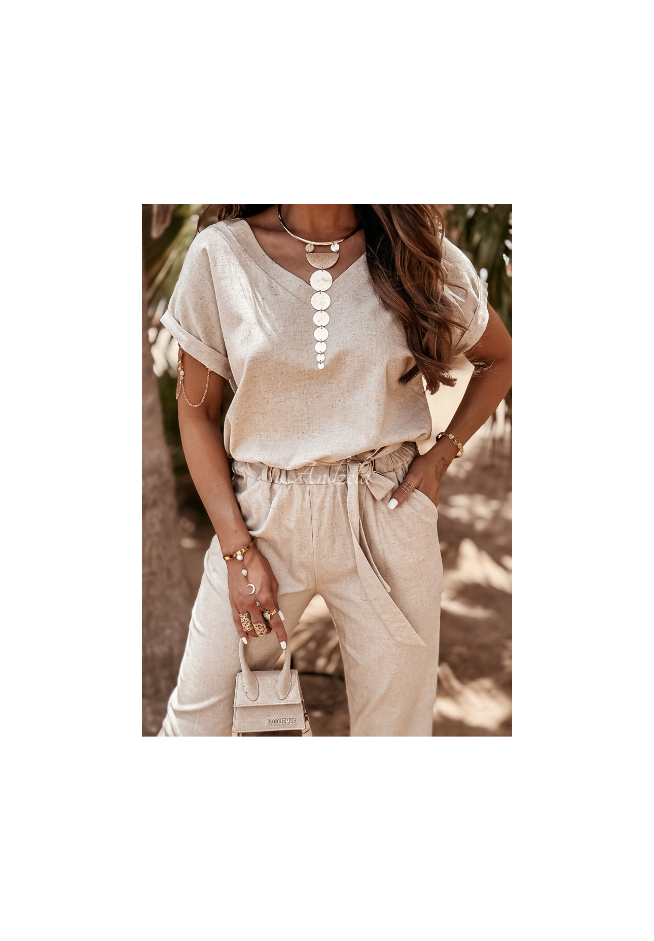 Lněnéá souprava tričko a kalhoty Summer In Us béžový