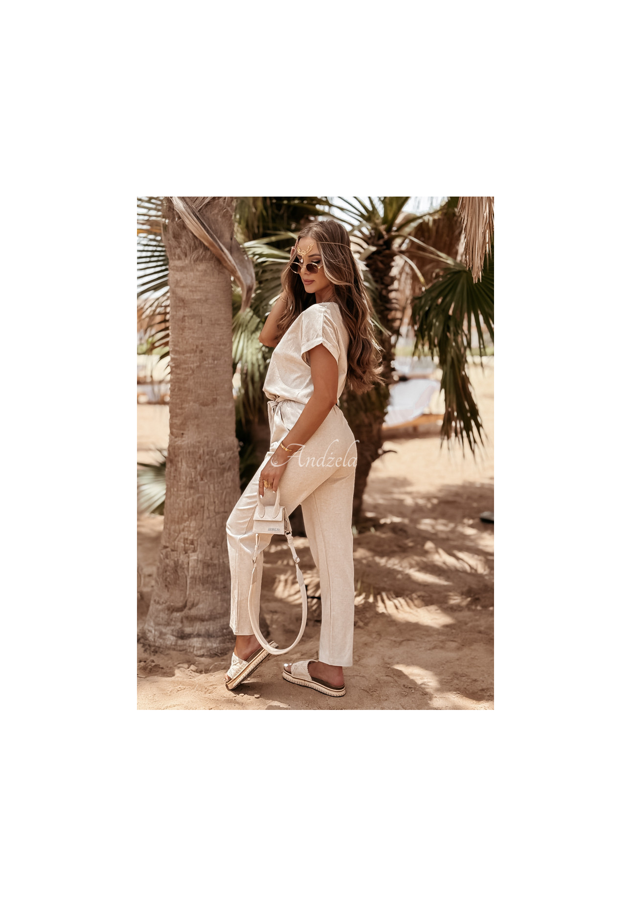 Lněnéá souprava tričko a kalhoty Summer In Us béžový