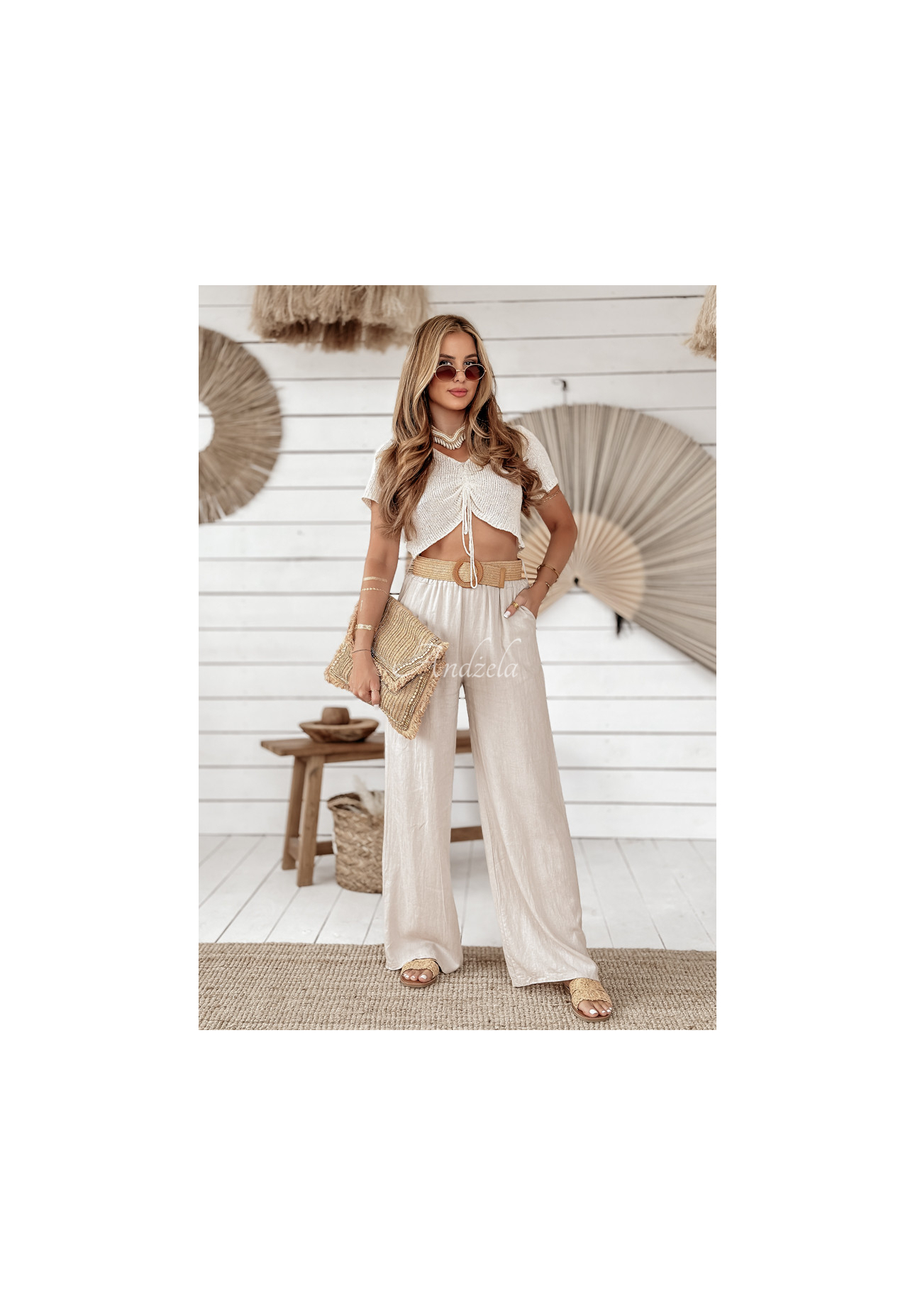 Lněné kalhoty wide leg s páskem Total Trip béžové