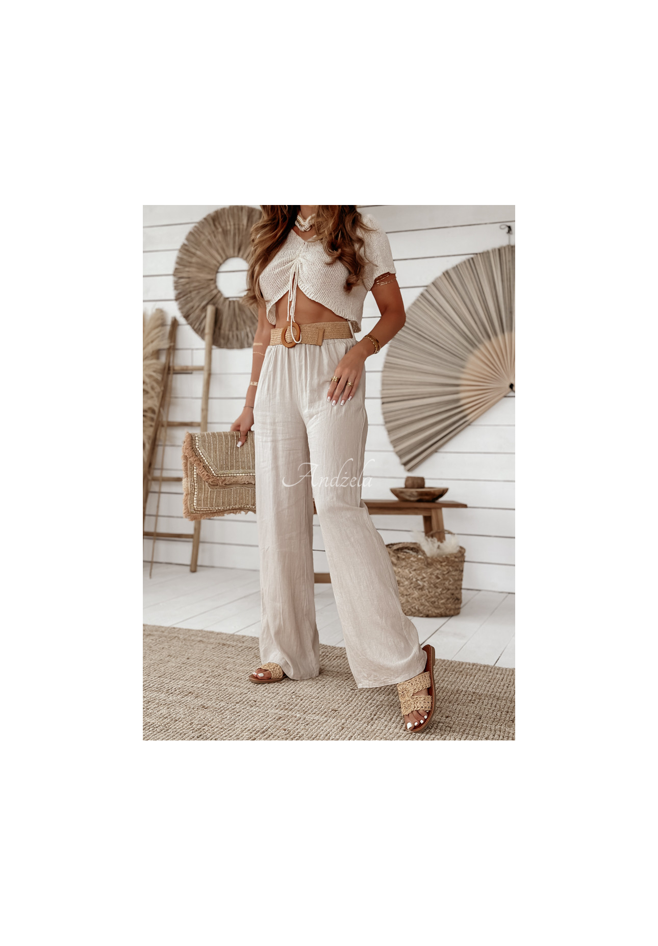 Lněné kalhoty wide leg s páskem Total Trip béžové