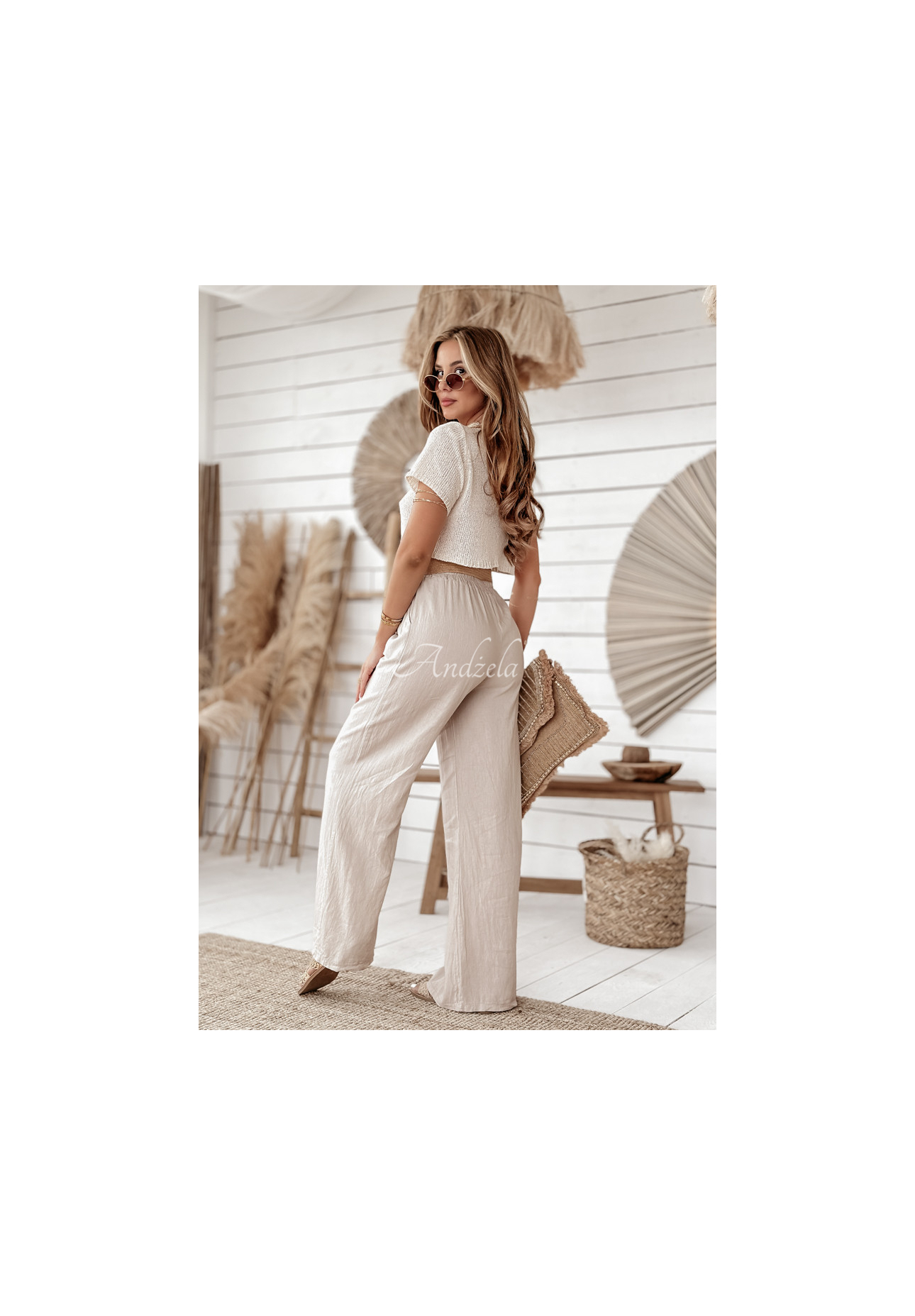 Lněné kalhoty wide leg s páskem Total Trip béžové