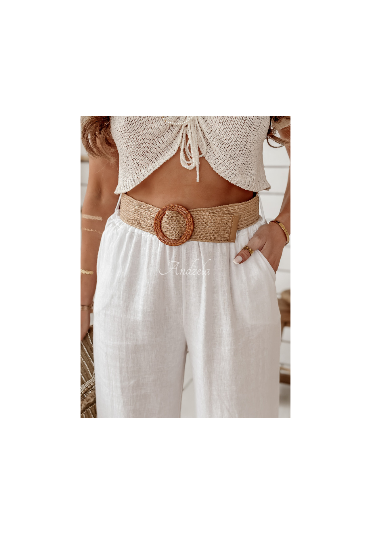 Lněné kalhoty wide leg s páskem Total Trip bílé