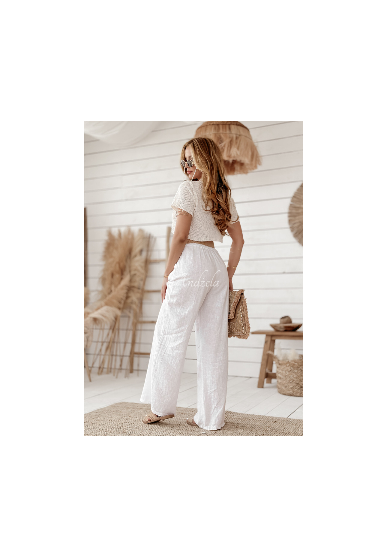 Lněné kalhoty wide leg s páskem Total Trip bílé