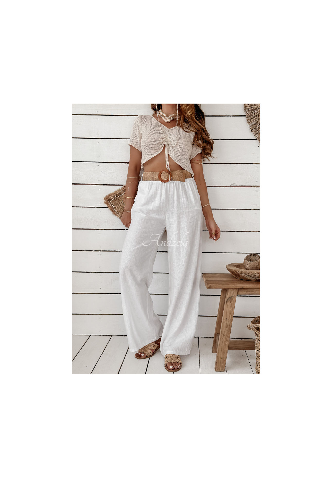 Lněné kalhoty wide leg s páskem Total Trip bílé