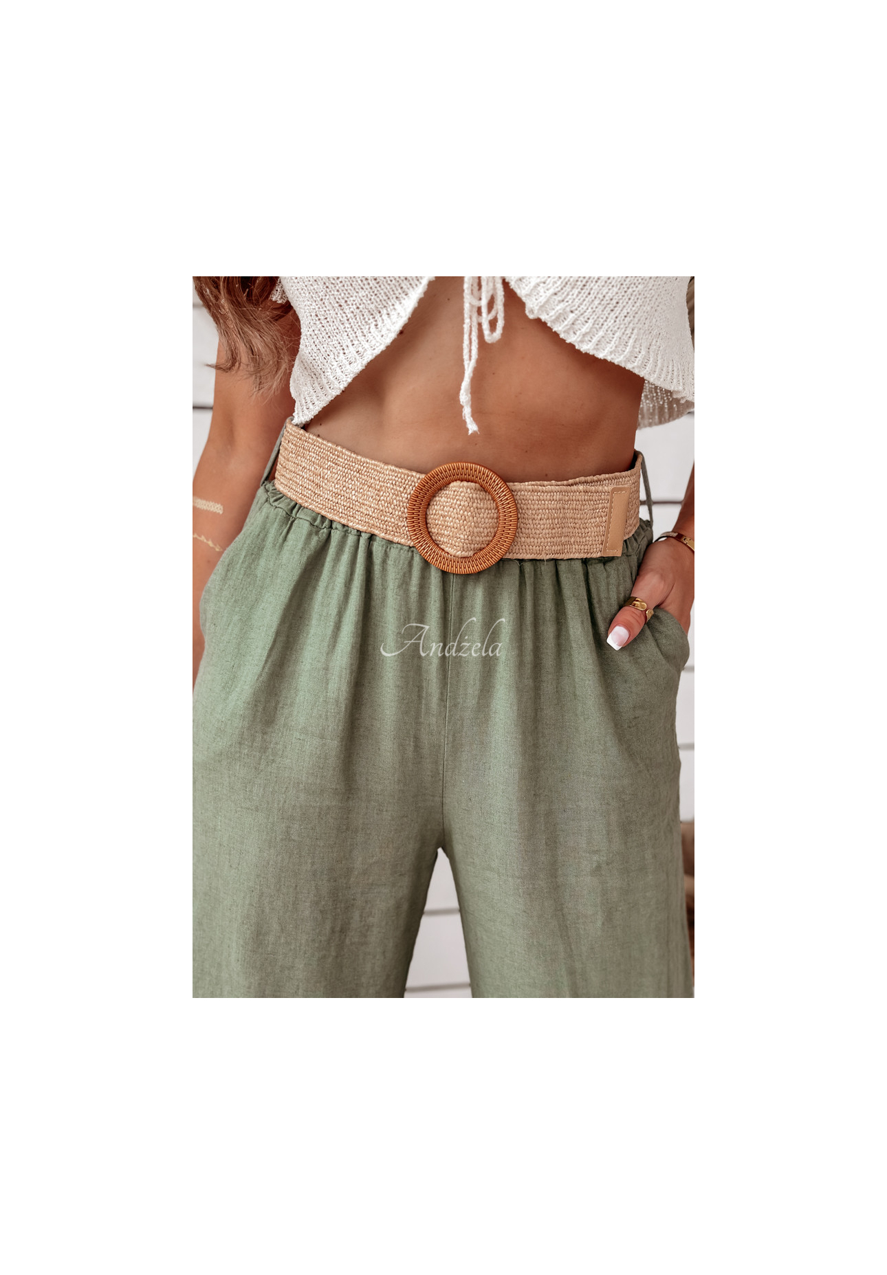 Lněné kalhoty wide leg s páskem Total Trip khaki