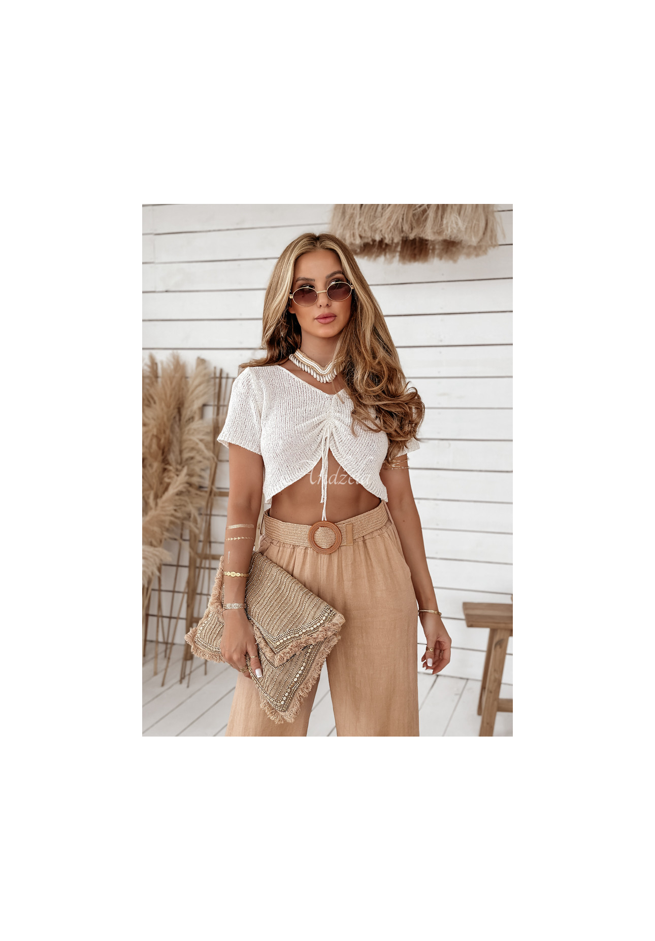 Lněné kalhoty wide leg s páskem Total Trip velbloudí