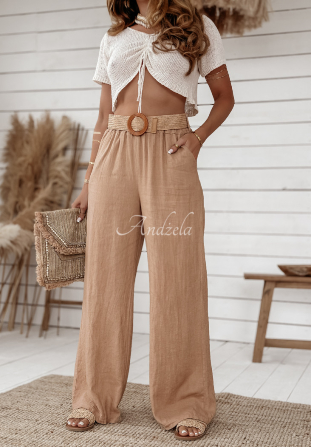 Lněn&eacute; kalhoty wide leg s p&aacute;skem Total Trip velbloud&iacute;