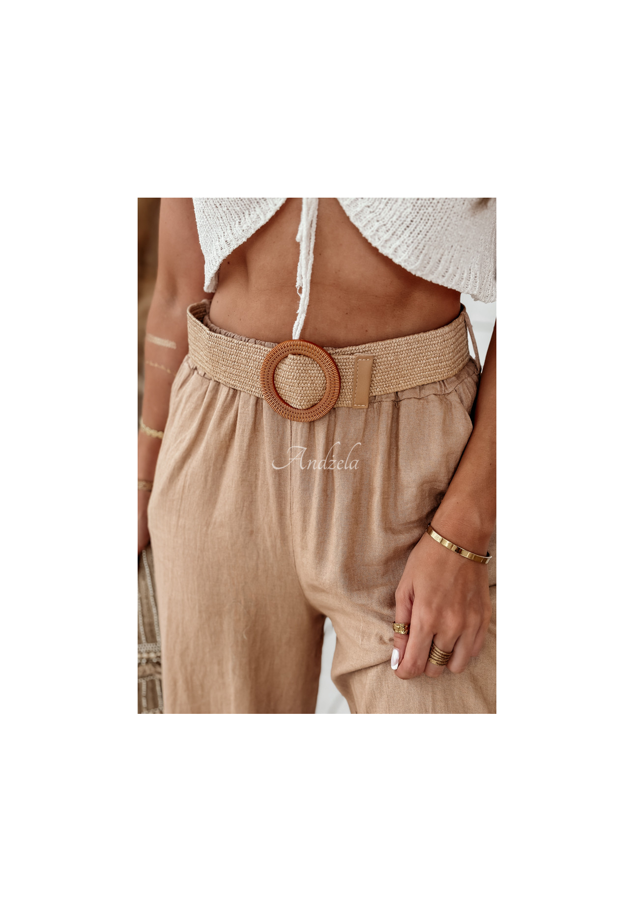 Lněné kalhoty wide leg s páskem Total Trip velbloudí