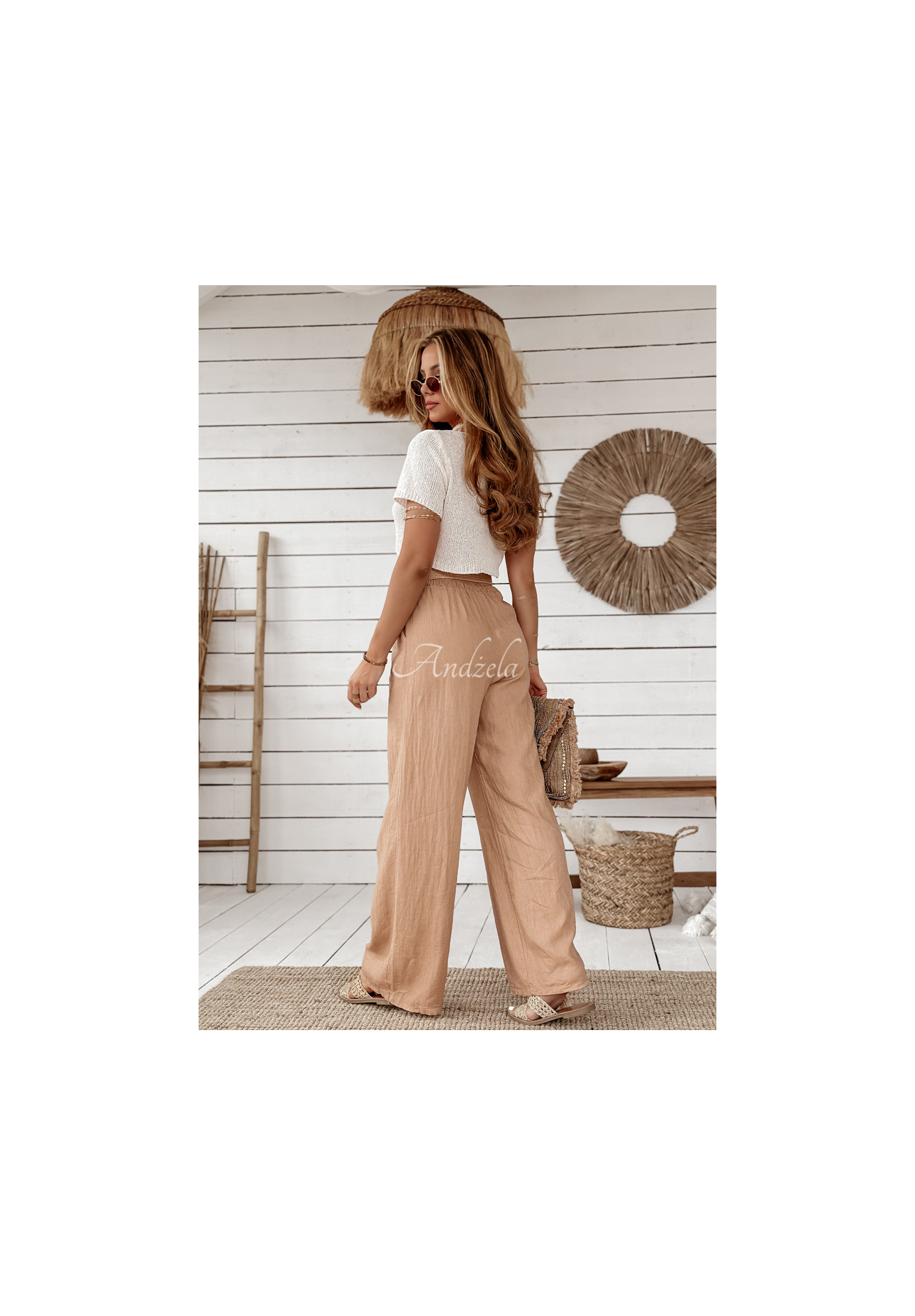 Lněné kalhoty wide leg s páskem Total Trip velbloudí