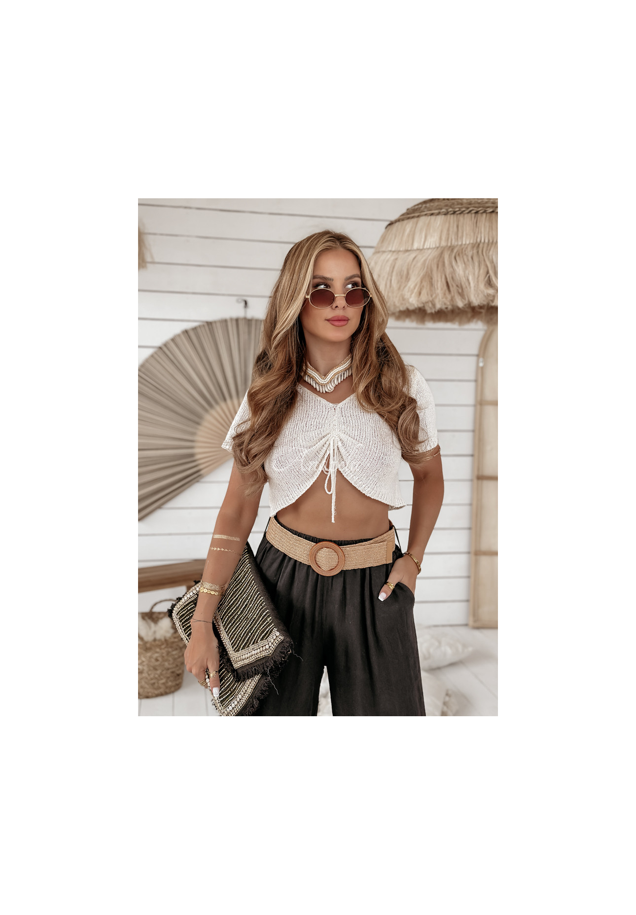 Lněné kalhoty wide leg s páskem Total Trip černé