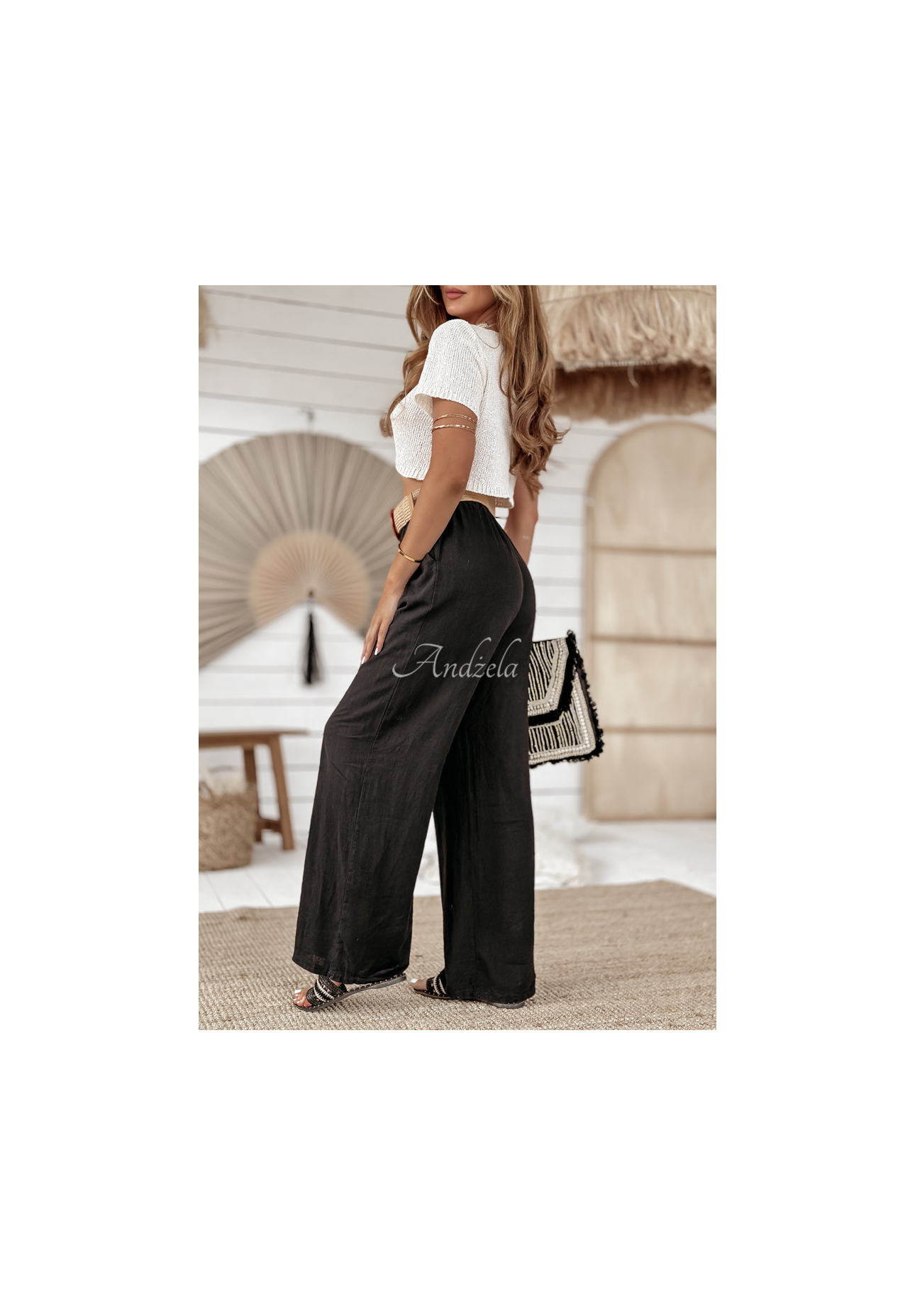 Lněné kalhoty wide leg s páskem Total Trip černé