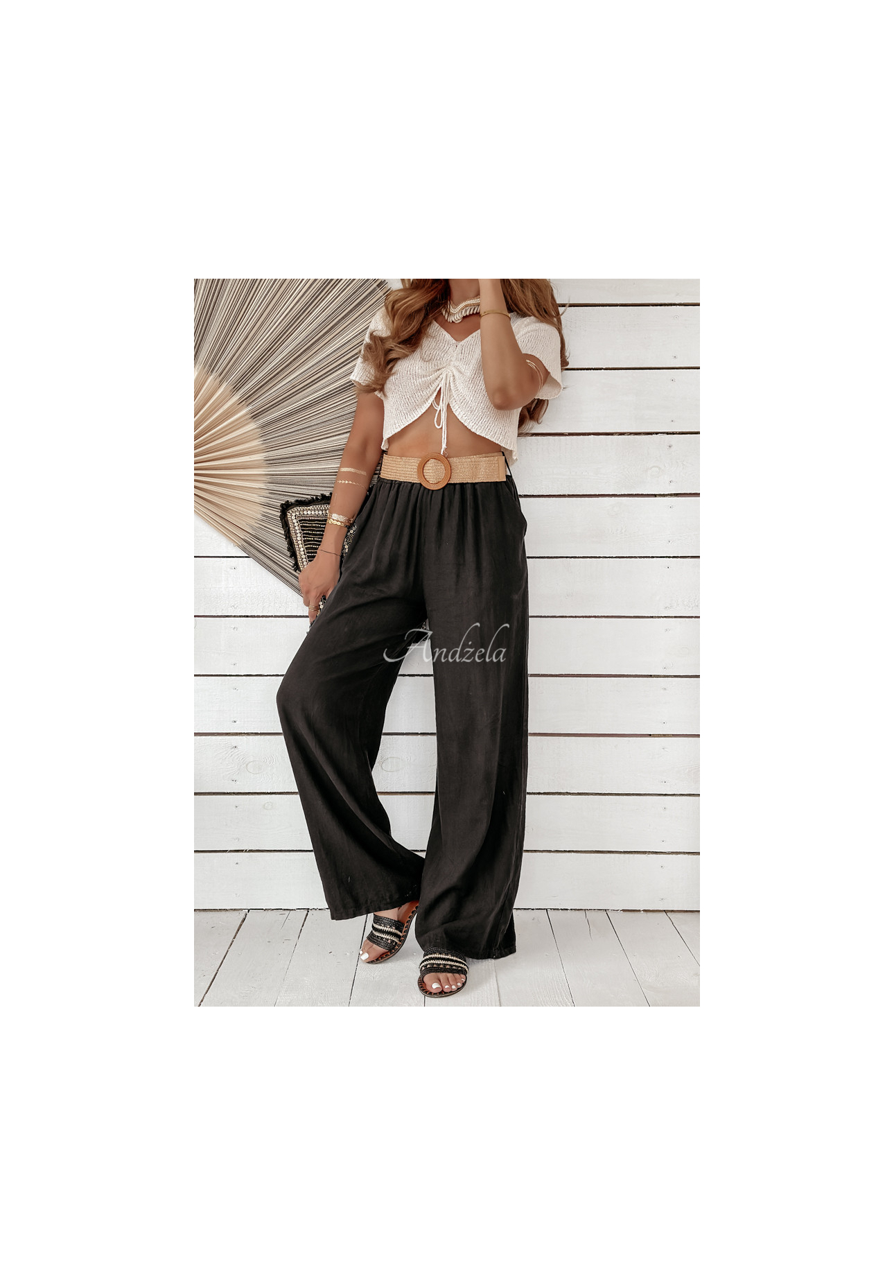 Lněné kalhoty wide leg s páskem Total Trip černé