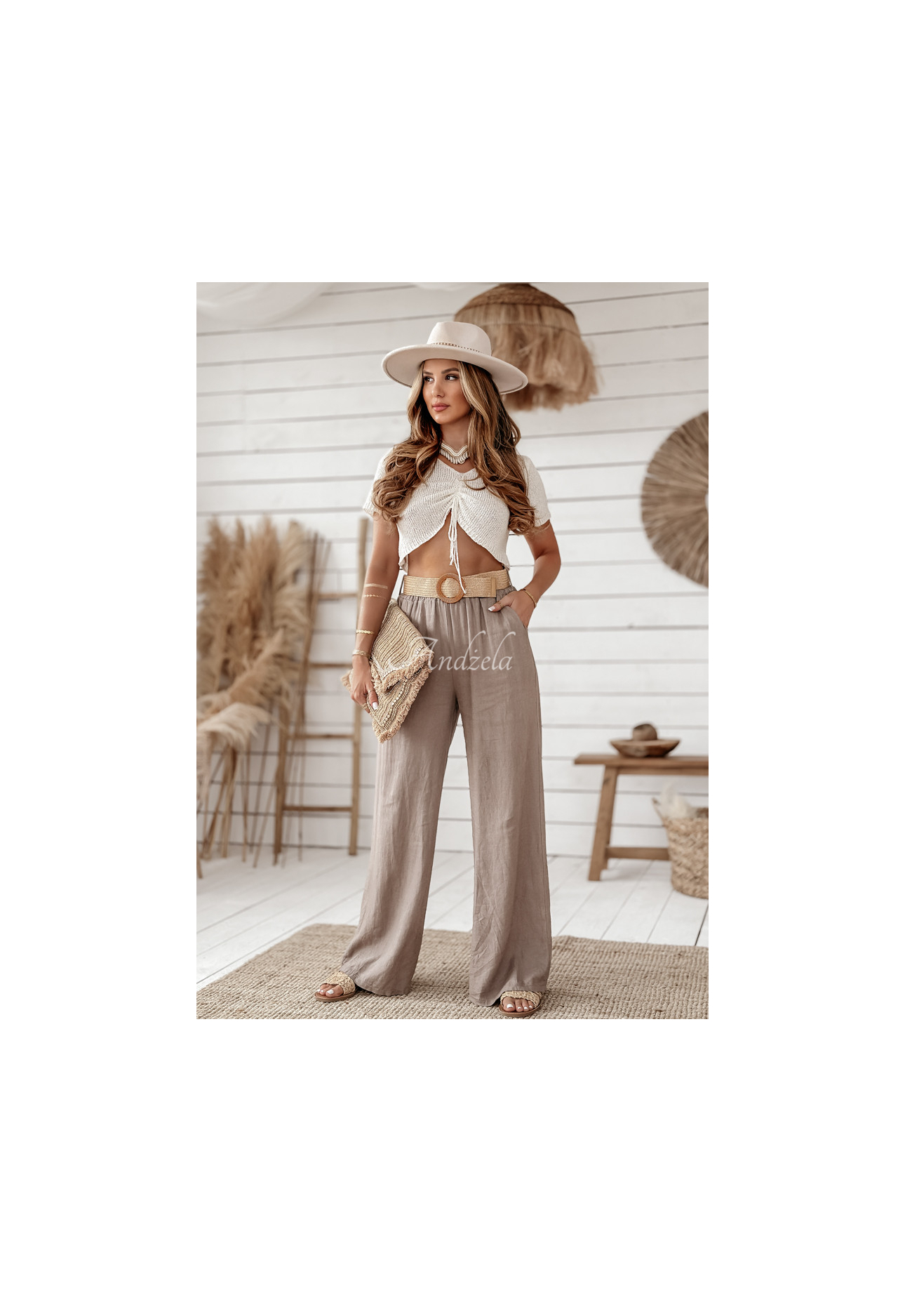 Lněné kalhoty wide leg s páskem Total Trip Mokka