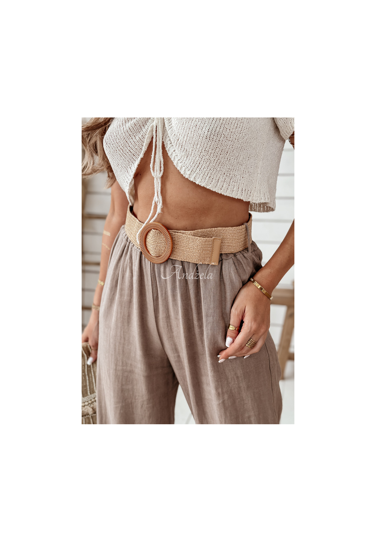 Lněné kalhoty wide leg s páskem Total Trip Mokka