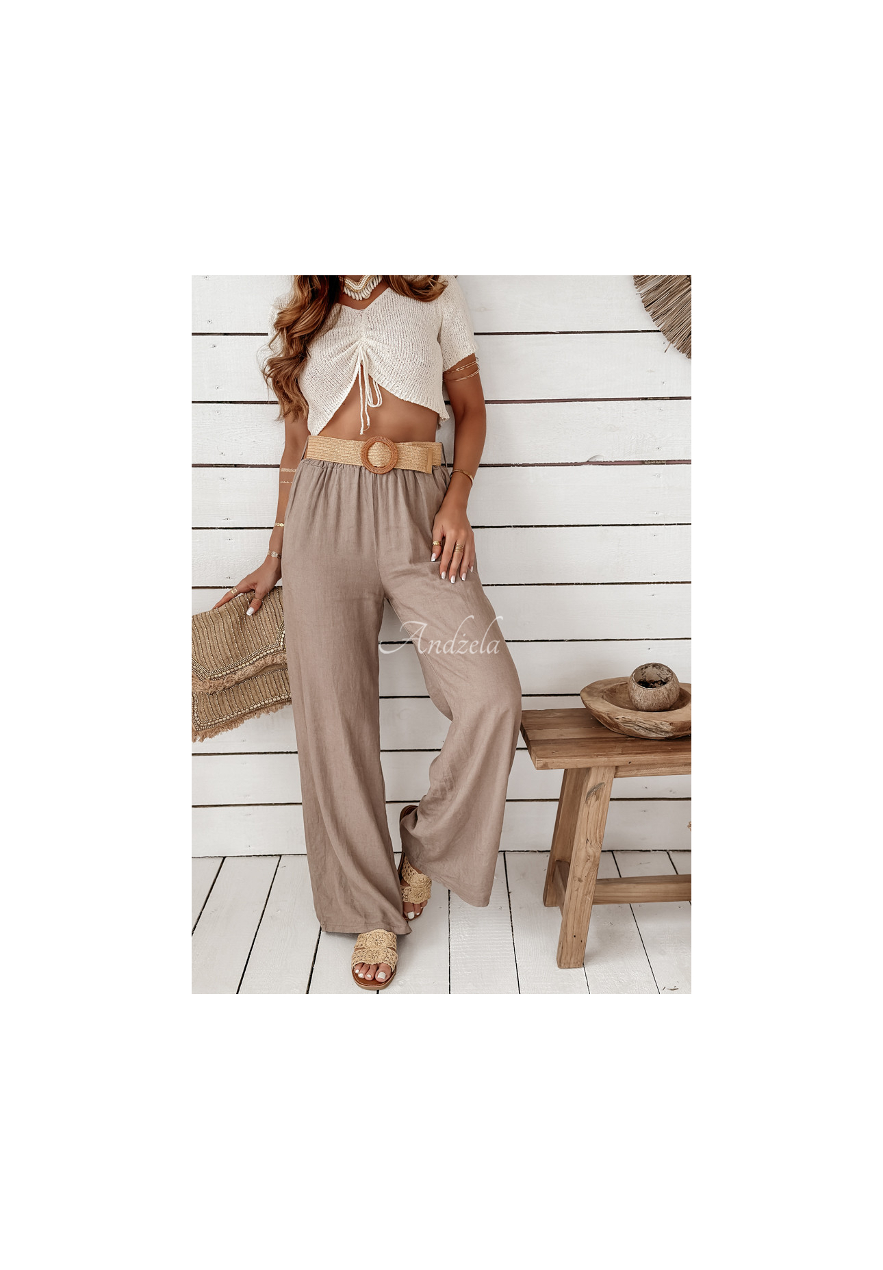 Lněné kalhoty wide leg s páskem Total Trip Mokka