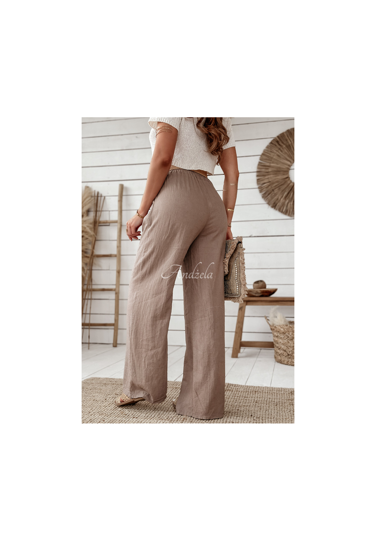 Lněné kalhoty wide leg s páskem Total Trip Mokka