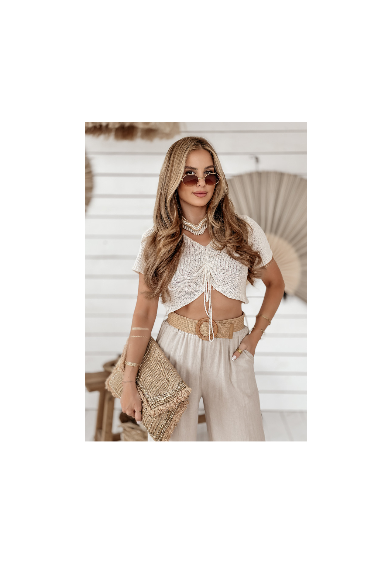 Lněné kalhoty wide leg s páskem Total Trip béžové