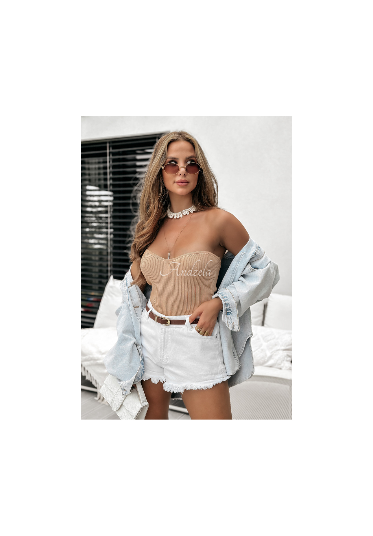 Krátký pruhovaný Top bez ramínek Anaya velbloudí