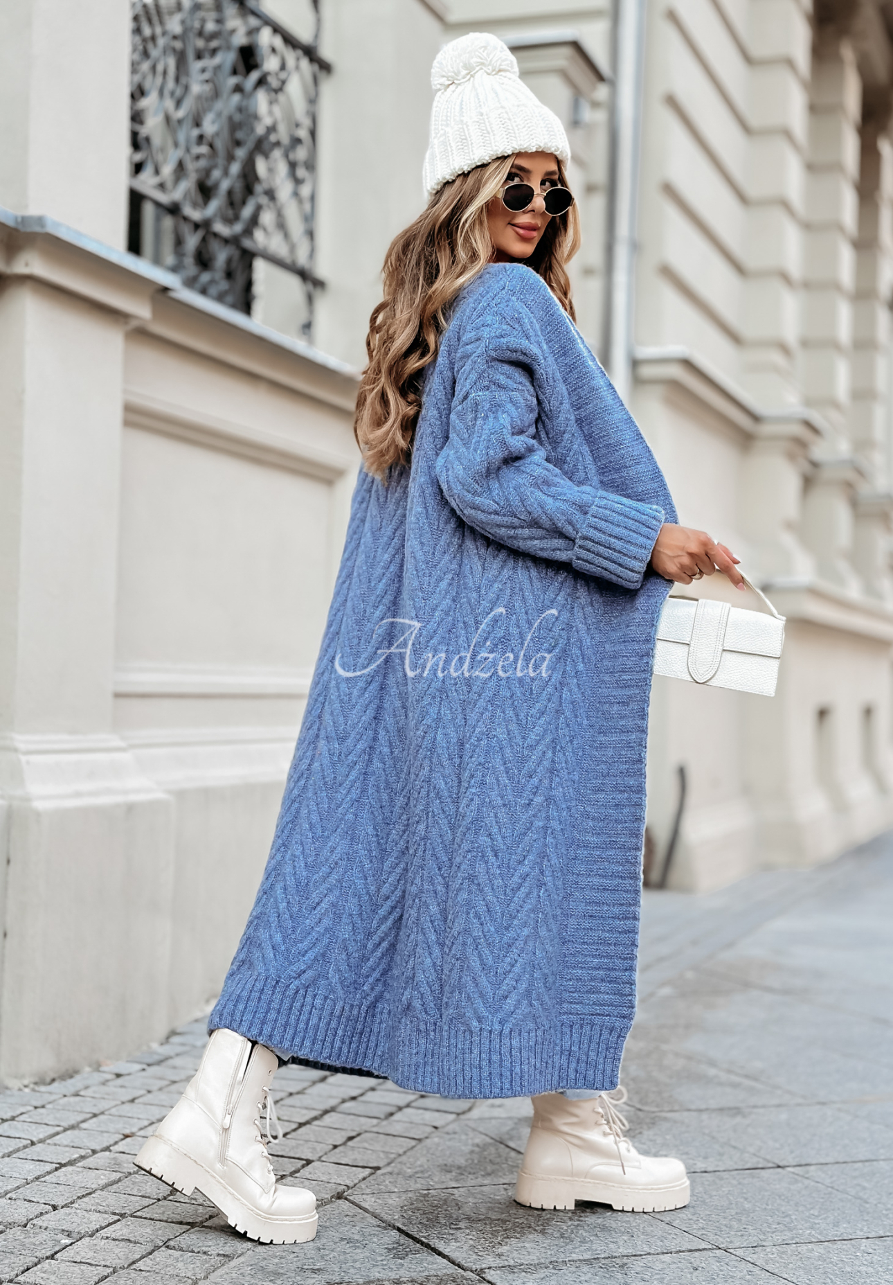 Dlouhý ozdobně pletený kardigan Raindrop Reverie modrý