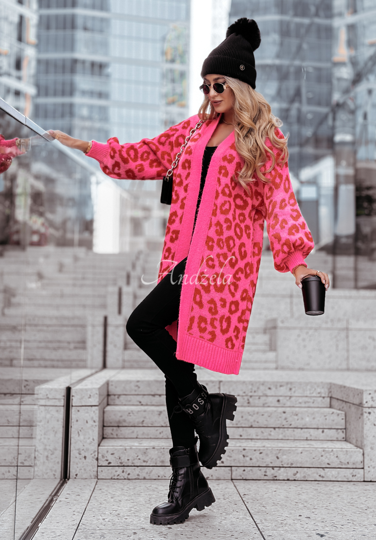 Kardigan s leopardím vzorem Girly Chic růžovo-červený