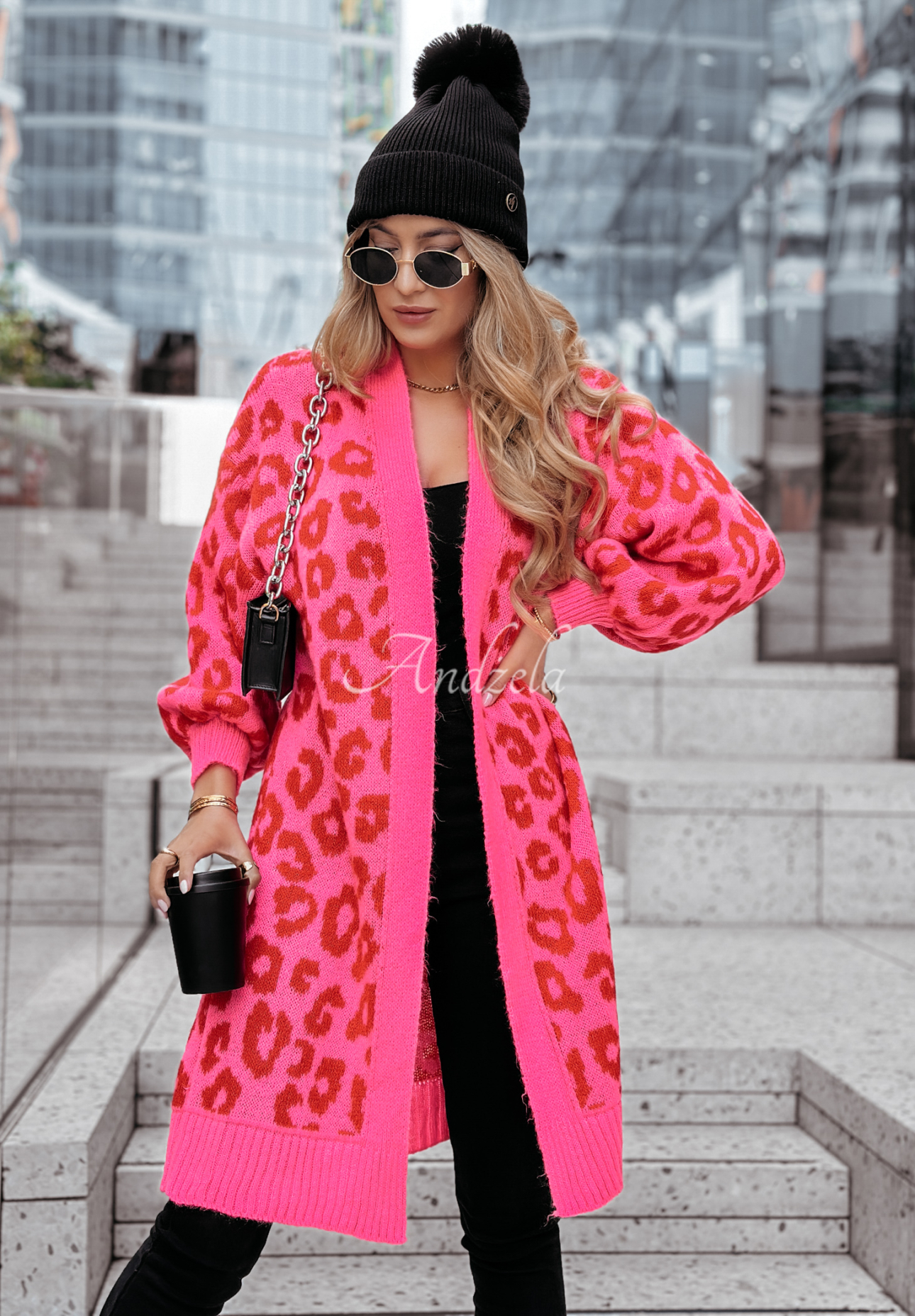 Kardigan s leopardím vzorem Girly Chic růžovo-červený