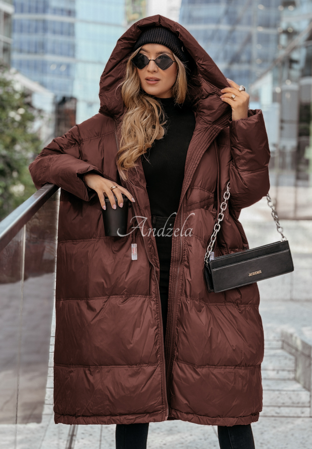 Dlouh&aacute; p&eacute;řov&aacute; bunda s kapuc&iacute; Coldest Of Times čokol&aacute;dov&aacute;