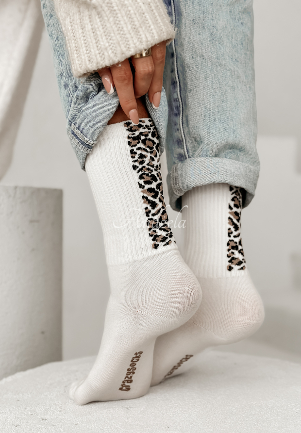 Dlouh&eacute; ponožky s leopard&iacute;m vzorem Walking Alone ecru