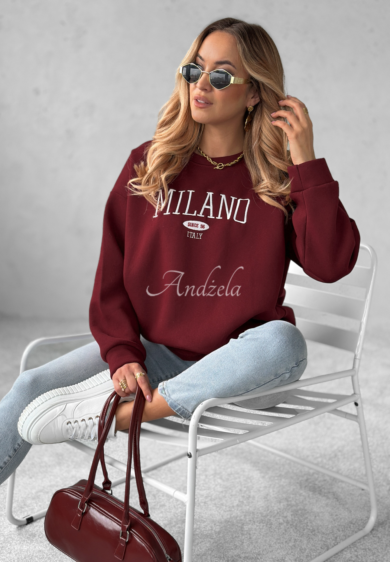 Mikina oversize z napisem Milano Amore vínová