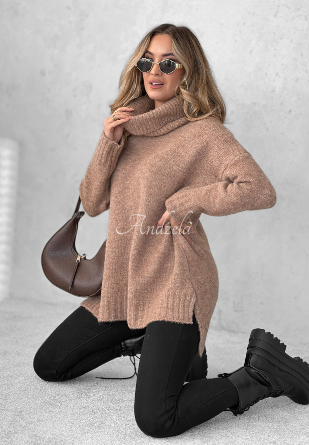 Svetr oversize s rol&aacute;kem Benin Mokka