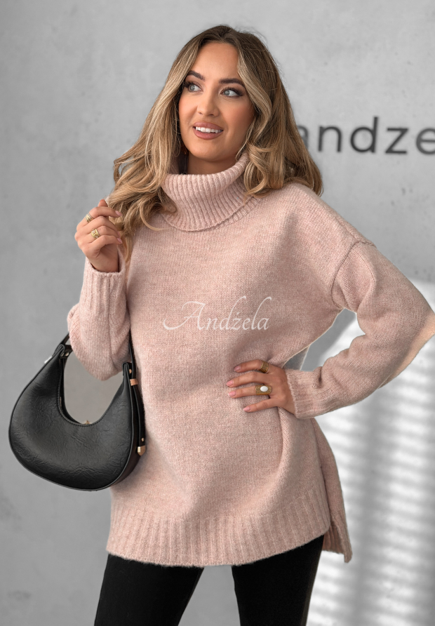 Svetr oversize s rol&aacute;kem Benin pudrov&aacute; růžov&aacute;
