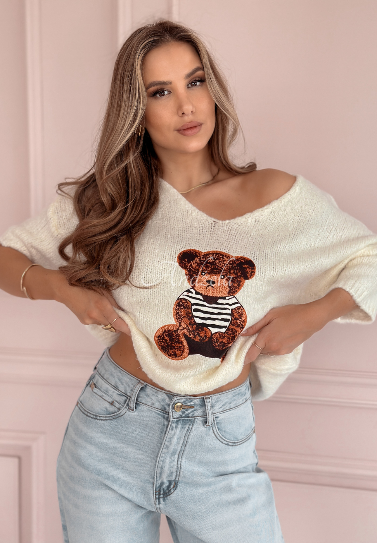 Svetr oversize s medvídkem Bear Signature ecru