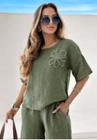 Lniany Souprava Halenka i Kalhoty Empty Beach khaki